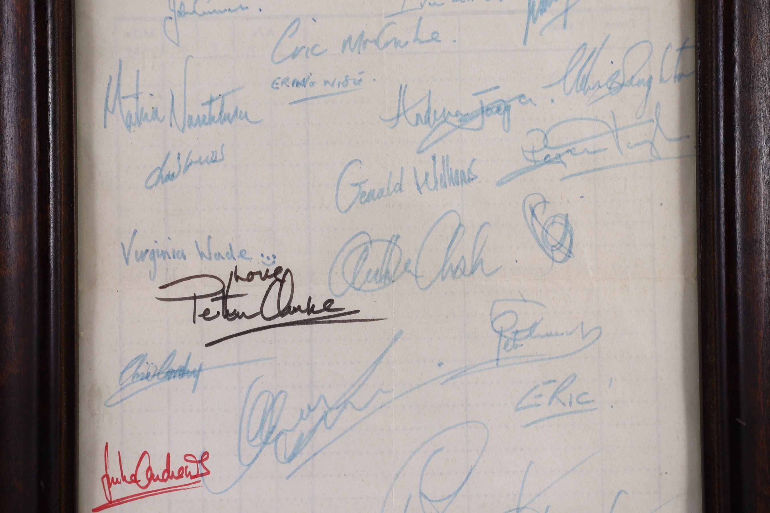 Framed autographs including Virginia Wade, Terry Wogan, Ernie Wise, Eric Morecambe John McEnroe, Julie Andrews etc., 20 cms wide x 28.5 cms high